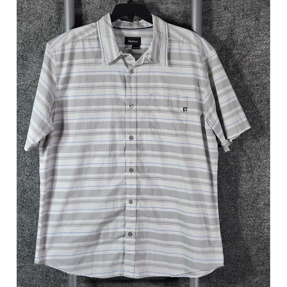 Marmot Mens XL Short Sleeve Button Down Striped Shirt Grey Blue D52700